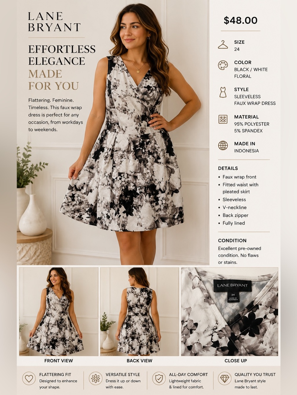 Lane Bryant Black & White Floral Faux Wrap Dress